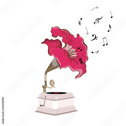 Vector gramophone with flower of nasturtium and musical notes in flat technique 