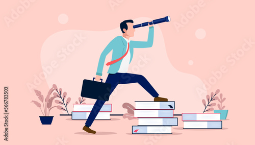 Businessman looking for information - Man with binocular searching and focusing on career and business. Flat design vector illustration