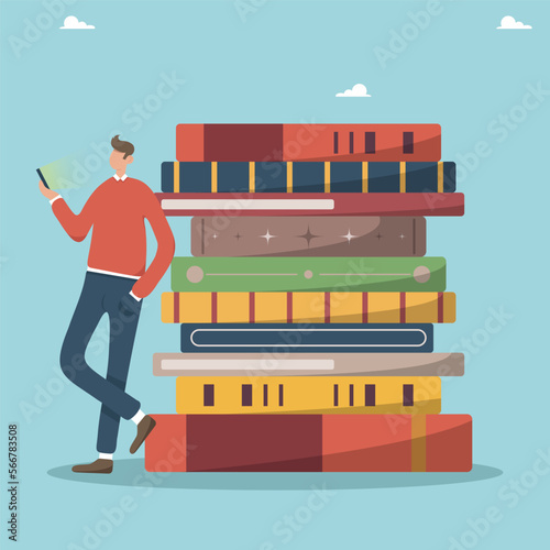 The concept of a library of books in the phone, a person reads a book in the phone. Online e-learning, book archive, online library, online courses, books on the phone.