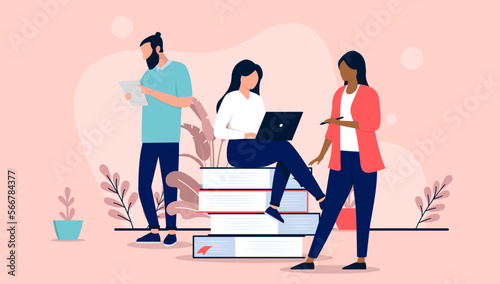 People working and concentrate in office - Team of three doing research, learning and getting insights for project and business. Flat design vector illustration