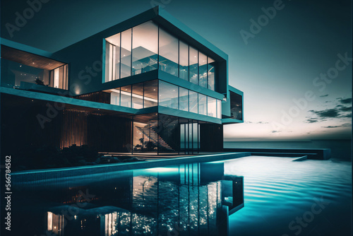 Modern design architectural villa exterior with infinity pool. Designed using generative ai.  © XtravaganT