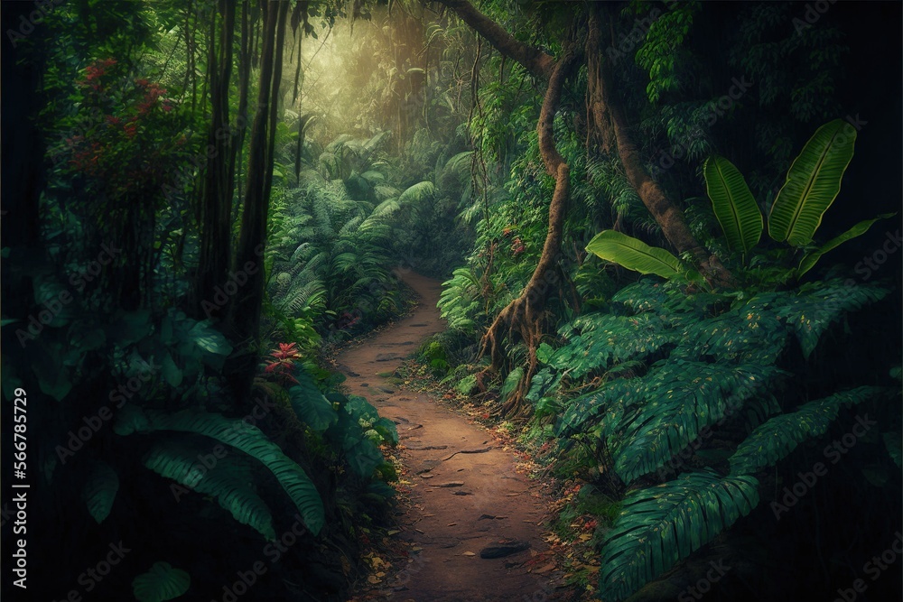  a path in the middle of a jungle with lots of trees and plants on either side of it and a light coming from the top of the trees.  generative ai