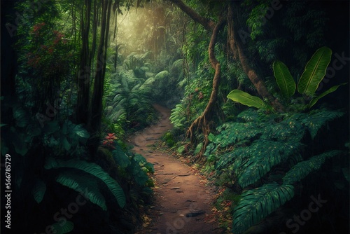  a path in the middle of a jungle with lots of trees and plants on either side of it and a light coming from the top of the trees. generative ai
