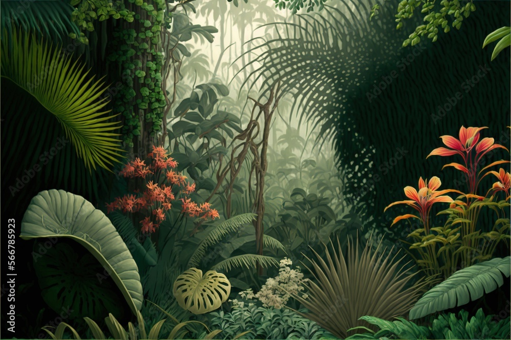  a painting of a tropical jungle scene with flowers and plants in the foreground and a bird in the distance with a bird in the foreground.  generative ai - obrazy, fototapety, plakaty 