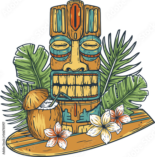 Surfing hawaii cocktail and tiki mask on surf bord for t-shirt print. tropical surfbord and drink coconut for tiki bar or beach bar photo