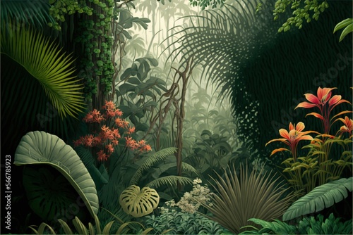  a painting of a tropical jungle scene with flowers and plants in the foreground and a bird in the distance with a bird in the foreground.  generative ai