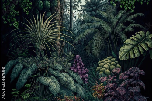  a painting of a jungle with lots of plants and trees in the foreground and a lot of trees and bushes in the back ground. generative ai