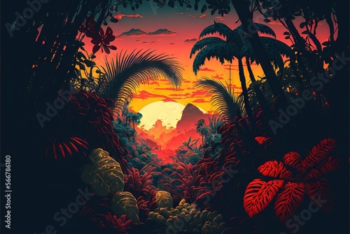  a painting of a sunset in a tropical forest with palm trees and a mountain in the distance with red and yellow colors on the sky. generative ai