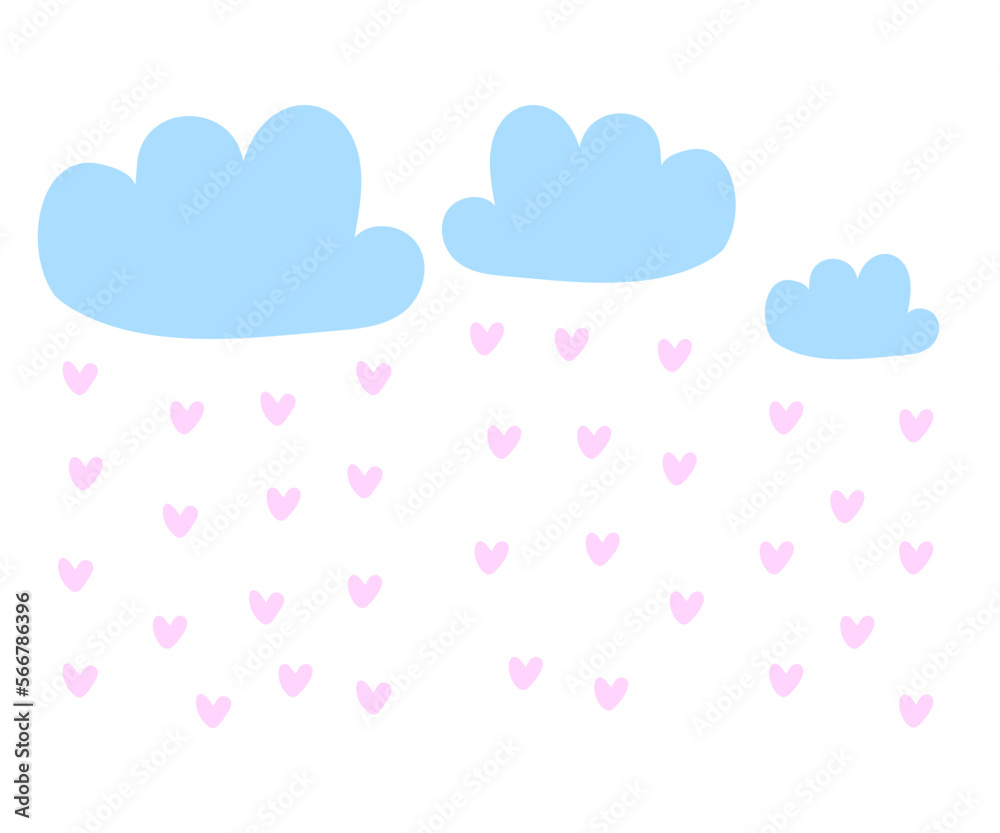 Vector de nubes con corazones. Cielo vectorial. Dibujo de nubes y corazón. Corazón rosado. Nubes celestes. Cielo. Lluvia de amor. Vectores infantiles.