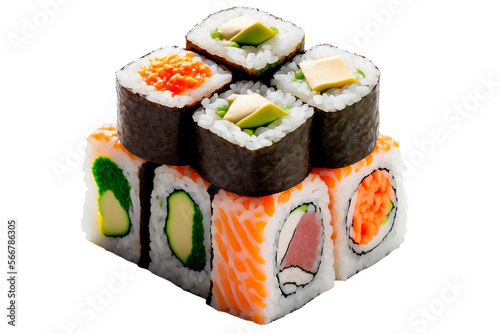 ai lots of uramaki and hossomaki salmon sushi isolated on a white background. ai generative content photo