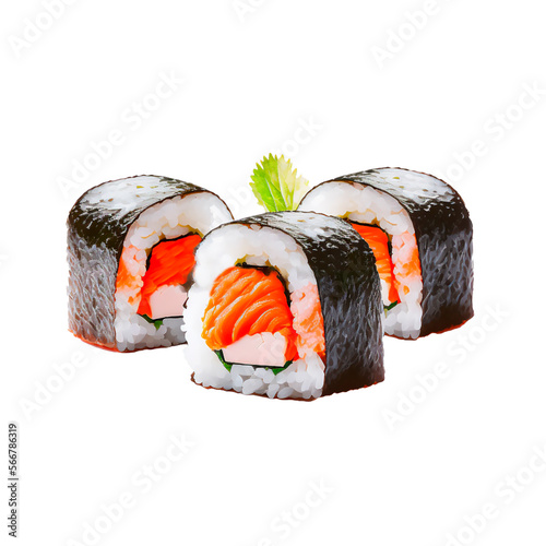 three salmon hossomaki sushi isolated on a white background photo