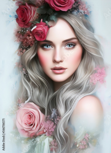 Artistic portrait of a beautiful woman surrounded by roses. Portrait of a beautiful woman