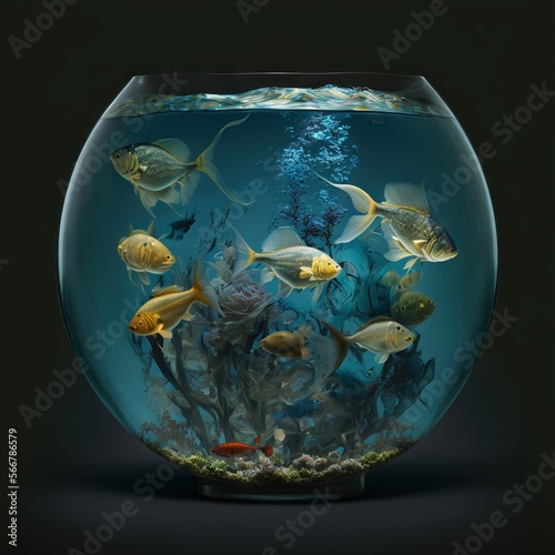  a fish bowl filled with lots of different types of fish in it s water tank  with a black back ground and a black back ground.  generative ai