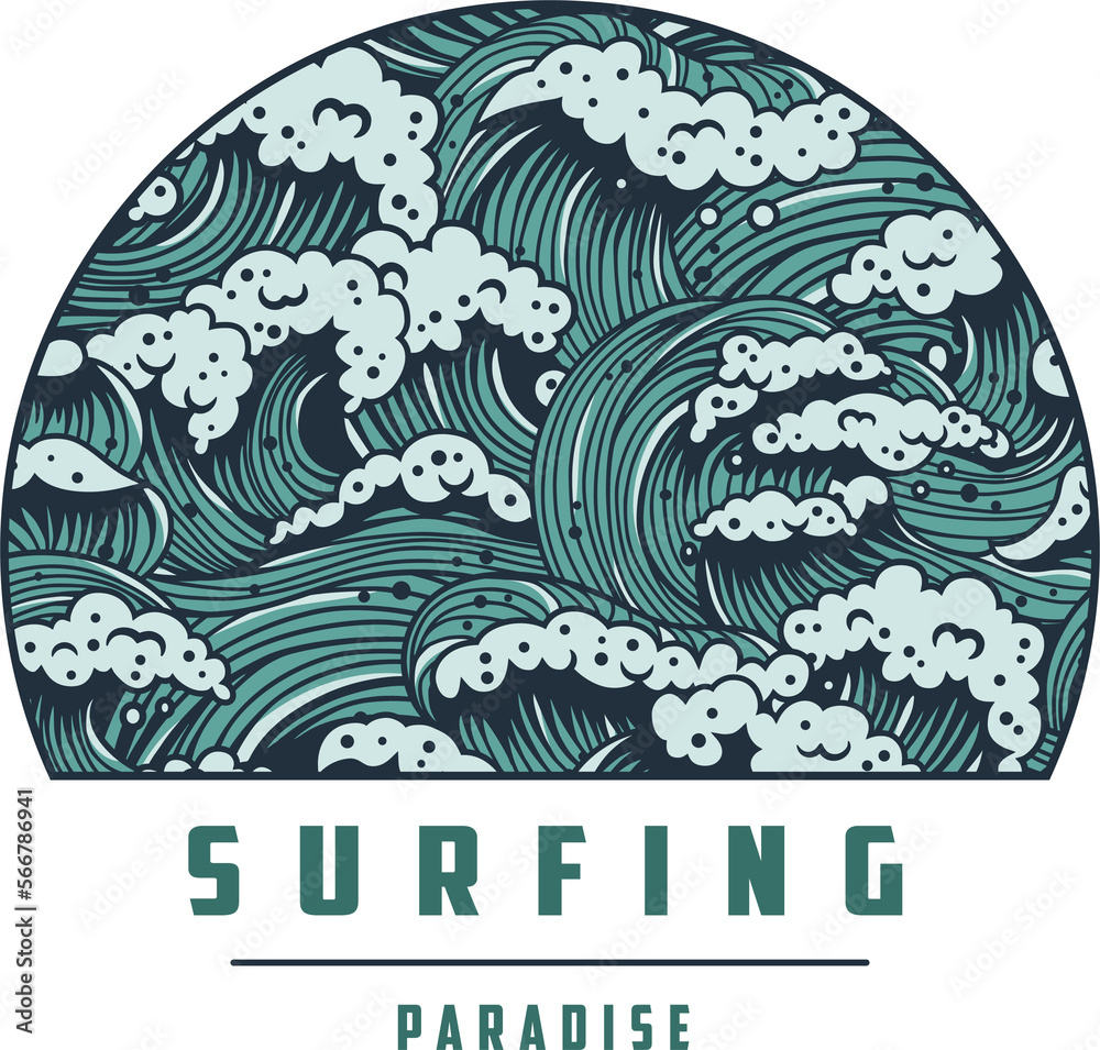 Surfing paradise. Hawaii wave with foam for print. Logo of summer marine tide. Wavy sea or ocean for nautical t-shirt design Surfing paradise. Hawaii wave with foam for print. Logo of summer marine tide. Wavy sea or ocean for nautical t-shirt design