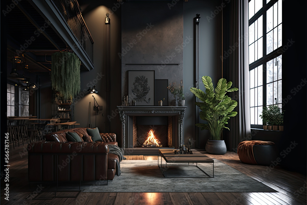 Dark Living room with fireplace Stock Illustration | Adobe Stock