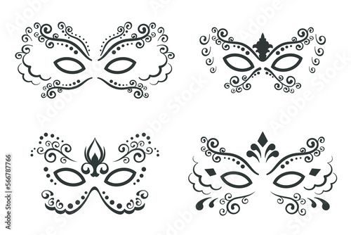 Collection of Traditional Venetian masques. Set of Black carnival mask isolated on white background. Symbol face hand drawn in linear style. Vector illustration for carnival holiday, Mardi Gras