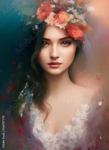 beautiful woman's face, Portrait of a beautiful woman with flowers.