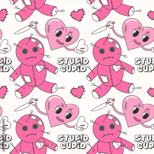 Trendy y2k anti valentines day seamless pattern. 2000s anti love conception. Vodoo doll and heart. Cartoon characters.