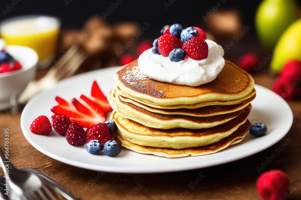 High-Resolution Image of a Tasty Pancake Stack Topped with Fruit, Honey, and Maple Syrup Showcasing the Sweetness of Pancakes. Perfect for Adding a Touch of Color and Goodness to any Design Project High-Resolution Image of a Tasty Pancake Stack Topped with Fruit, Honey, and Maple Syrup Showcasing the Sweetness of Pancakes. Perfect for Adding a Touch of Color and Goodness to any Design Project