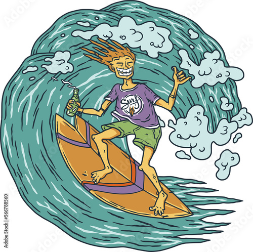 Photography Summer surfer on surf board on wave with shaka, surfing hawaii t-shirt print