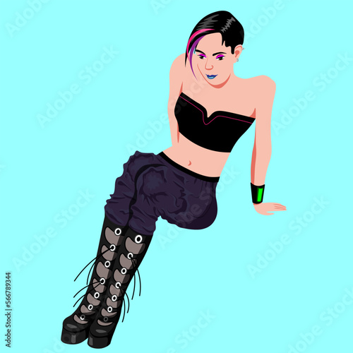 A woman in street style is sitting on the floor. Sci-fi style vector illustration