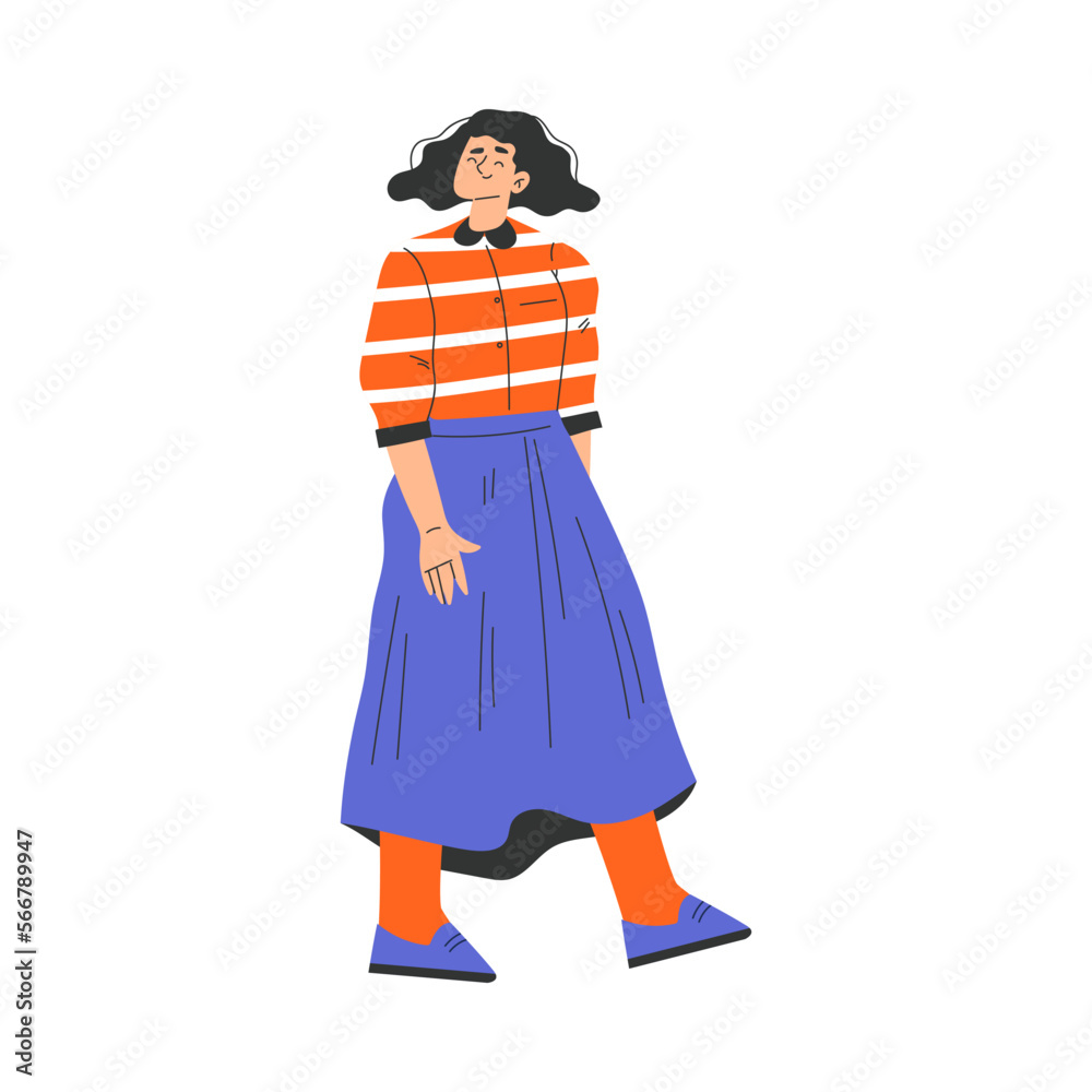 Typical French Woman Character in Blue Skirt Walking Vector Illustration
