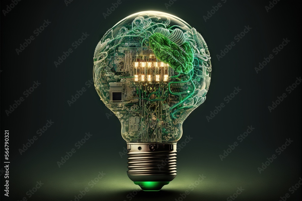 a green light bulb with a circuit inside of it on a black background ...