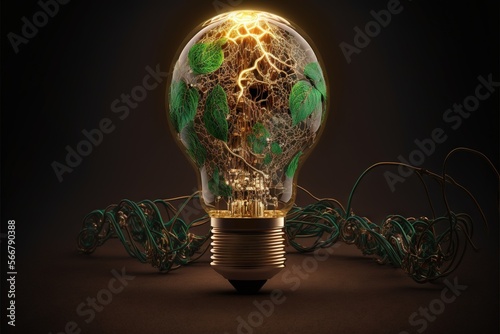  a light bulb with a green and yellow design on it and a wire wrapped around the light bulb and wires on the ground around it.  generative ai photo