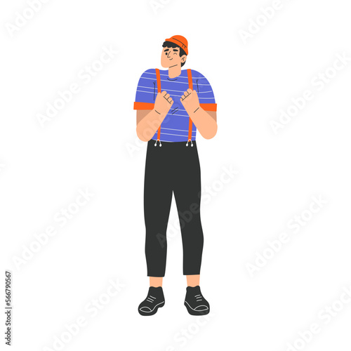 Typical French Man Character in Red Hat Standing and Smiling Vector Illustration