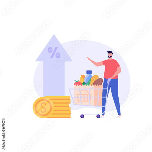 Consumer with shopping cart and grocery prices rising. Increase inflation. Concept of inflation, rising food cost, financial crisis. Vector illustration in flat cartoon design.