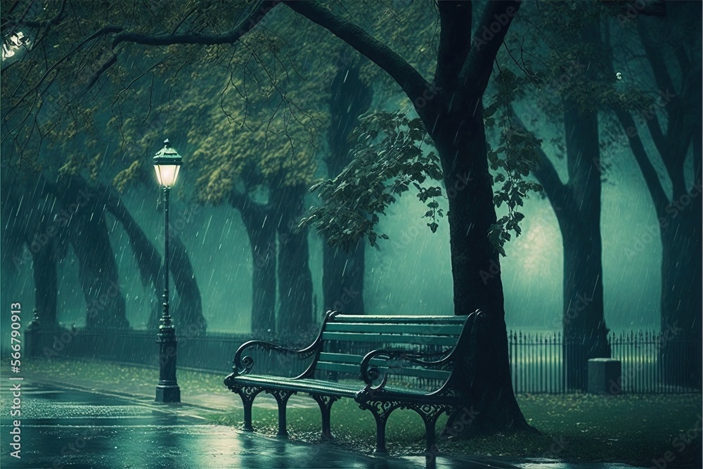 a park bench in the rain under a street lamp in a park with trees and