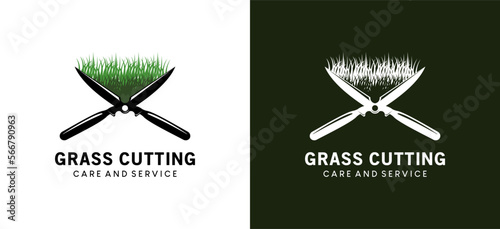 Lawn care logo design with creative grass clippers silhouette concept