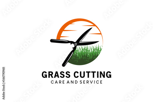 Lawn cutting shears logo design, care lawn vector illustration