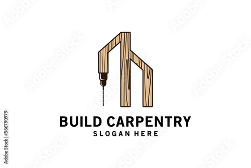 Vintage manual hand drill logo vector illustration symbol design with building concept