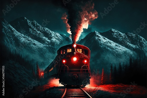  a train traveling down train tracks next to a mountain covered in snow at night with red light coming from the engine and smoke coming from the top of the train.  generative ai photo