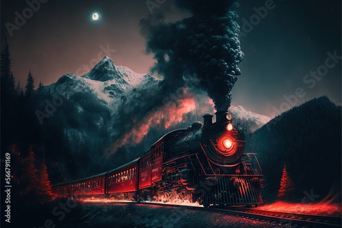 a train traveling down train tracks next to a mountain covered in snow and trees at night with a full moon in the sky above it. generative ai