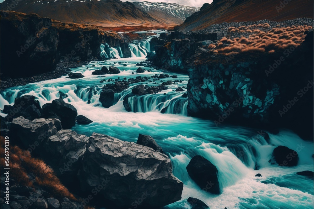 a river flowing through a lush green forest filled with rocks and snow ...