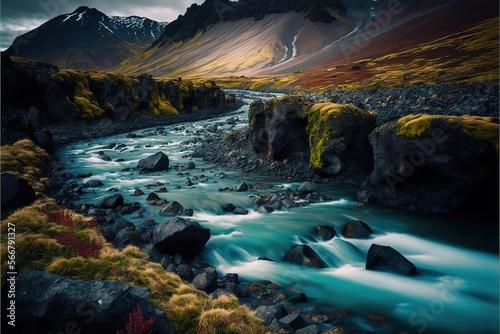 a river running through a lush green valley under a cloudy sky with mountains in the background and grass and rocks in the foreground,. generative ai