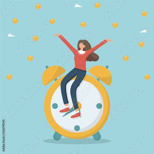 Time is money, long term return on investment, pension fund concept, interest return on investment, deposit, shares. Smart business investor is sitting on the clock. Time to get your money.
