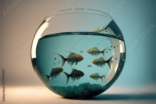  a fish bowl filled with water and goldfish in it's habitat, with a blue background and a light reflection of the fish in the bowl. generative ai