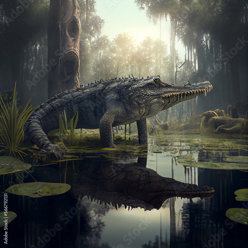 Giant aligator in a swamp  generative ai