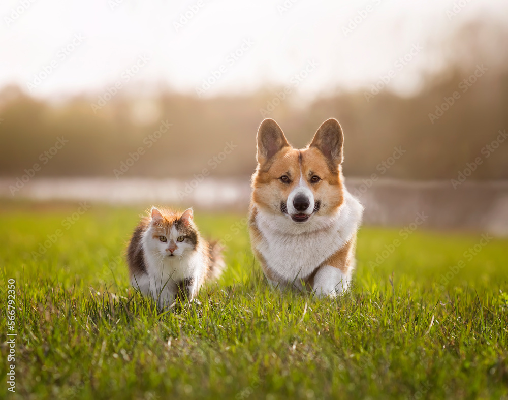 friends pets a cat and a corgi dog walk on the green grass in a sunny spring meadow friends pets a cat and a corgi dog walk on the green grass in a sunny spring meadow