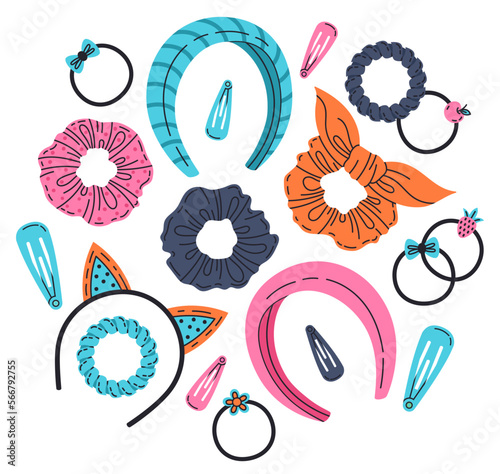 Hand drawn hair accessories. Female hair hoops, scrunchies, headbands, hair tie and elastic bands flat vector illustration set. Hair accessory doodle collection