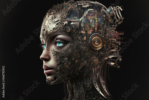 Woman robot created with artificial intelligence AI. Robotics. Android in human form. Side view. Electrical circuits and technology in sight. Dark colors Robot from the future that looks like a real 