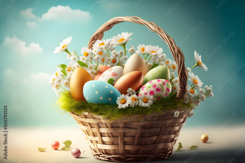 Easter eggs and flowers arranged in a basket, Generative AI