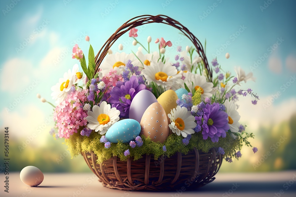 Easter eggs and flowers arranged in a basket, Generative AI Easter eggs and flowers arranged in a basket, Generative AI