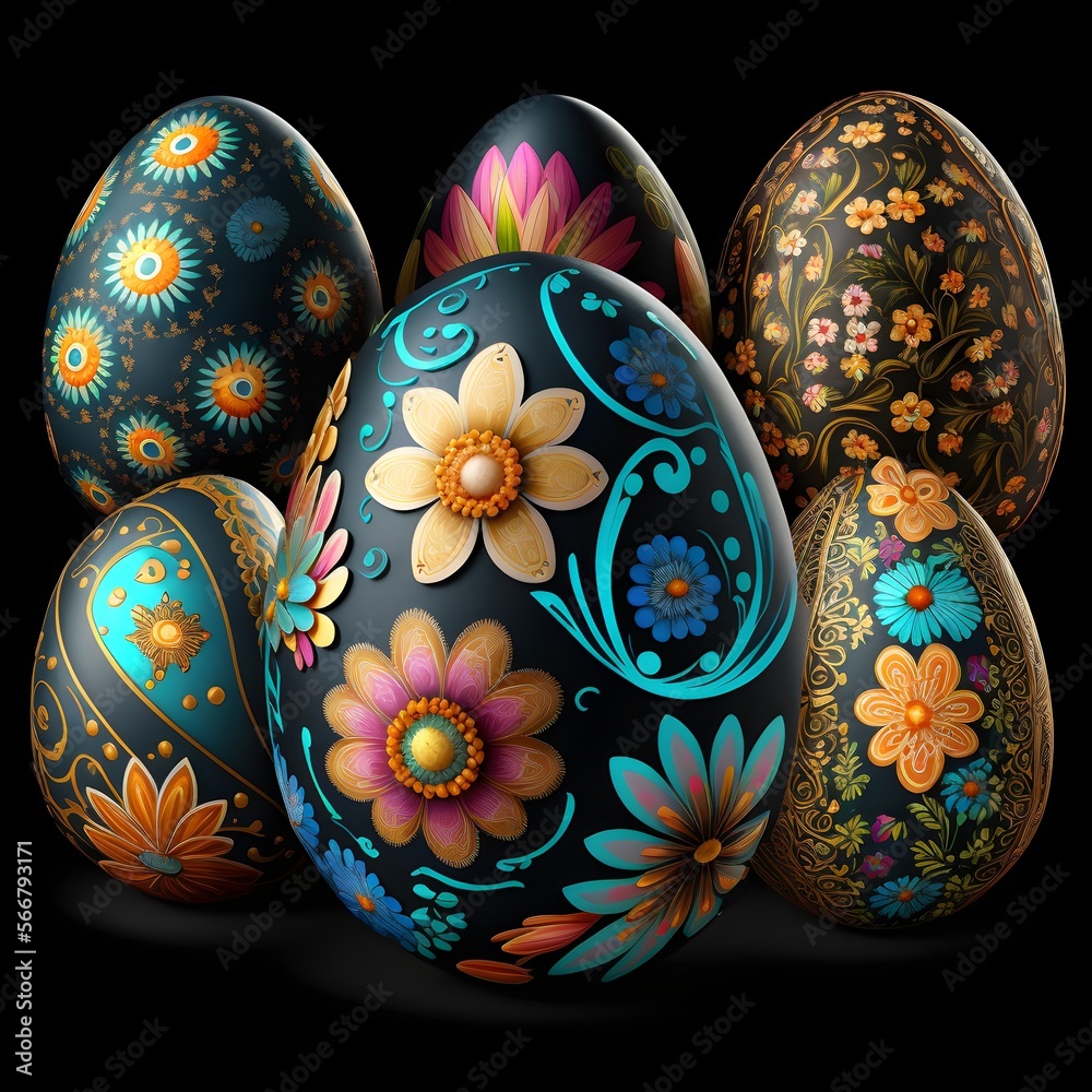 Easter eggs decorated with patterns and flowers, Generative AI Easter eggs decorated with patterns and flowers, Generative AI