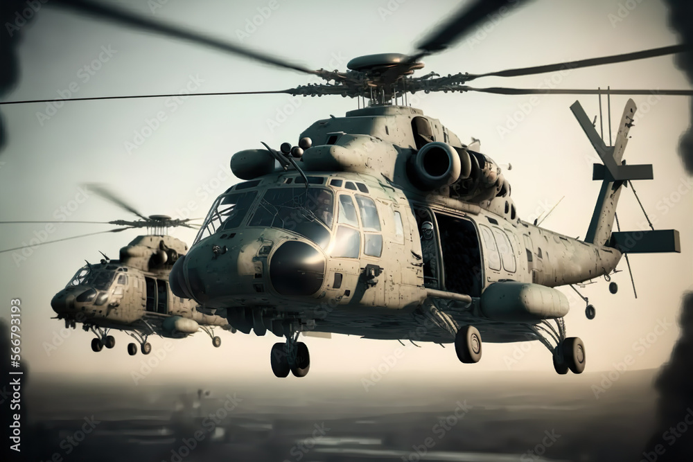 Military helicopters are flying high in the sky. Military aviation. Created with Generative AI technology Military helicopters are flying high in the sky. Military aviation. Created with Generative AI technology