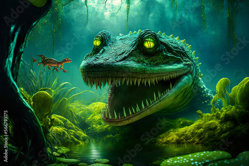 In an ancient alien world  different animal species live in the swamp  reptiles  amphibians and many alien species. An image of an alien world  which is an image created by an imagined AI.