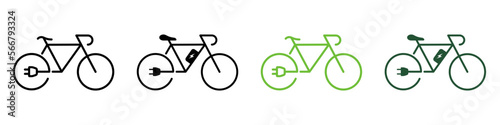 Ecological Electric Bicycle. Electricity Power Eco Bike with Charge Plug Symbol Collection on White Background. Green Energy Bike Line and Silhouette Icon Color Set. Isolated Vector Illustration